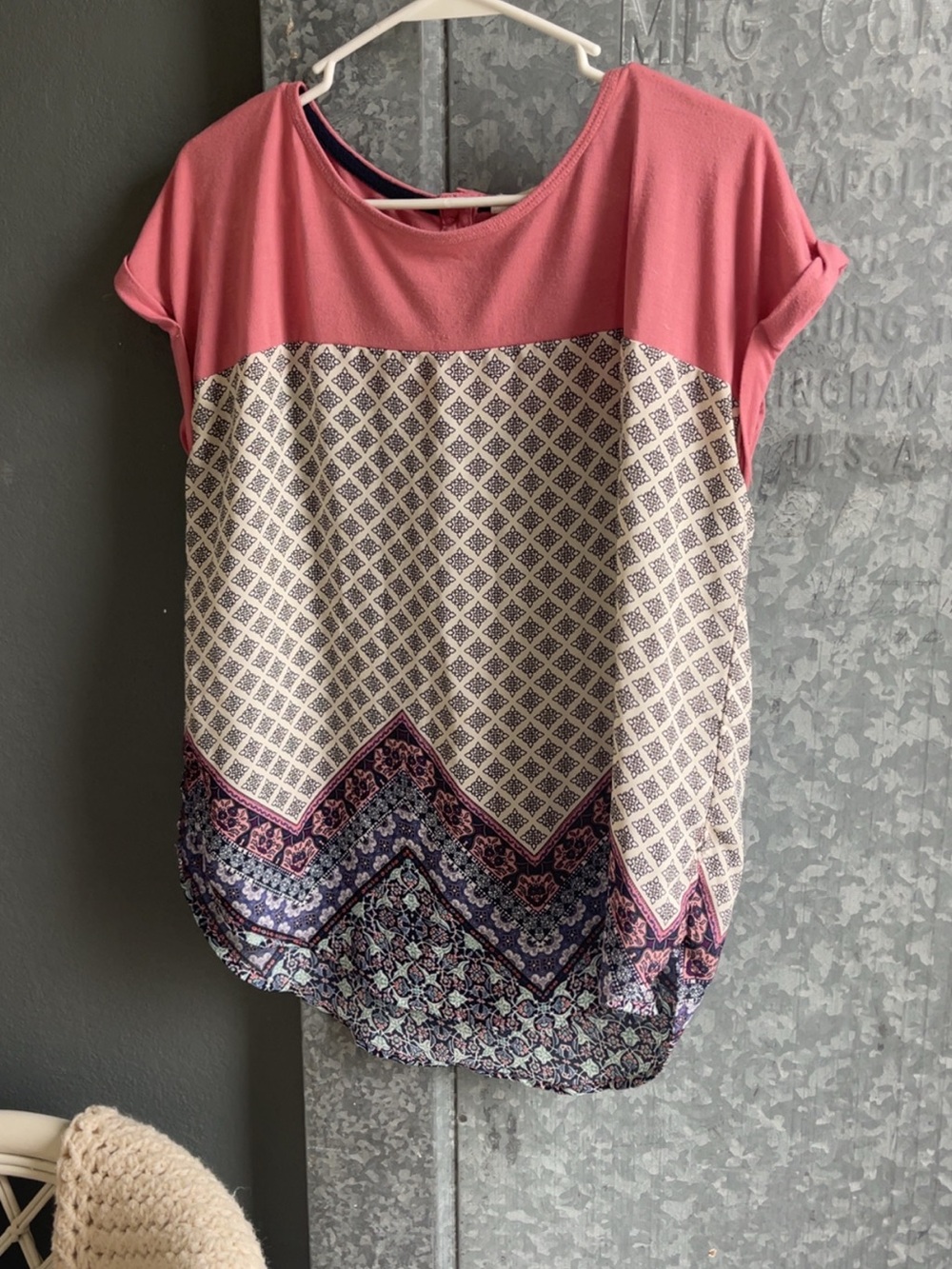 Rewind Pink and Navy Patterned Short Sleeve Blouse